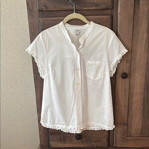 LOFT White Short Sleeve Blouse with Mandarin Collar